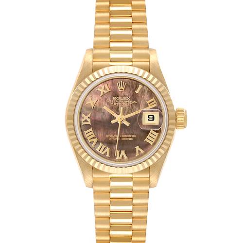 The image shows a front view of a Rolex President 69178 Women's Yellow Gold Mother of Pearl Dial 69178 Women's Yellow Gold Mother of Pearl Dial watch, highlighting its gold bracelet, fluted bezel, and brown dial with Roman numerals.