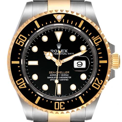 The image shows a front view of the Rolex Sea-Dweller 126603 Men's Steel and Gold (two tone) Black Dial 126603 Men's Steel and Gold (two tone) Black Dial watch, highlighting its black dial, gold accents, and date display.