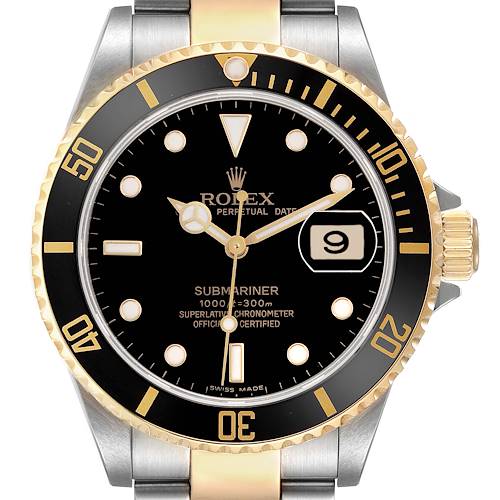 The Rolex Submariner 16613 Men's Steel and Gold (two tone) Black Dial 16613 Men's Steel and Gold (two tone) Black Dial watch is shown from a front angle, highlighting the bezel, dial, and part of the bracelet.