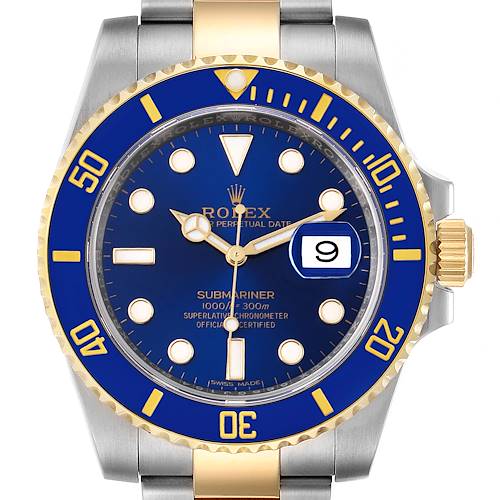 The image shows a Rolex Submariner 116613 Men's Steel and Gold (two tone) Blue Dial 116613 Men's Steel and Gold (two tone) Blue Dial from the front, highlighting its blue dial, blue and gold bezel, date window, and two-tone bracelet.