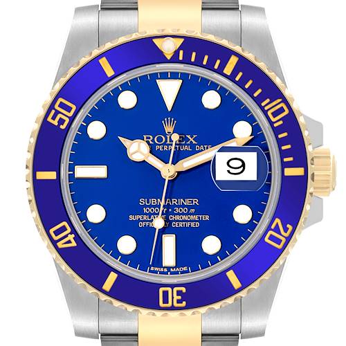 The image shows a front view of a Rolex Submariner 116613 Men's Steel and Gold (two tone) Blue Dial 116613 Men's Steel and Gold (two tone) Blue Dial watch, highlighting the blue dial, bezel, and gold accents.