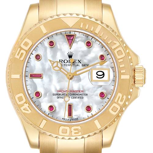 This Rolex Yacht-Master 16628 Men's Yellow Gold Mother of Pearl Dial 16628 Men's Yellow Gold Mother of Pearl Dial watch is shown from a top-down angle, displaying the bezel, dial, crown, and part of the bracelet.