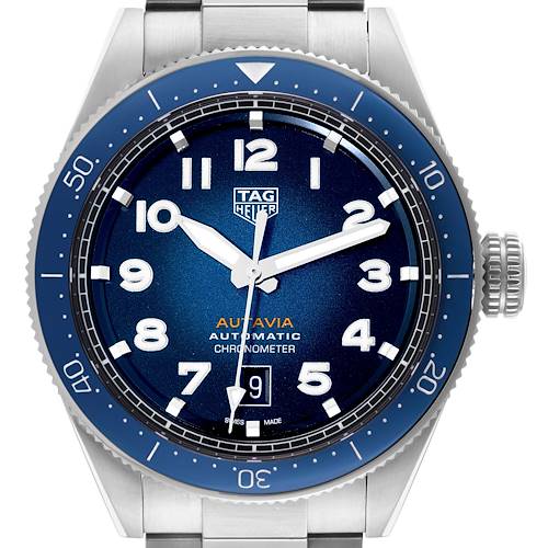 The Tag Heuer Autavia WBE5116.EB0173 Men's Stainless Steel Blue Dial WBE5116.EB0173 Men's Stainless Steel Blue Dial watch is shown from a front angle, highlighting its blue dial, bezel, and stainless steel bracelet.