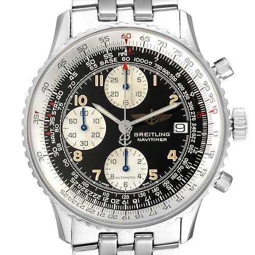 The image displays a frontal view of the Breitling Navitimer A13022 Men's Stainless Steel Black Dial A13022 Men's Stainless Steel Black Dial watch, showcasing its dial, bezel, and part of the bracelet.