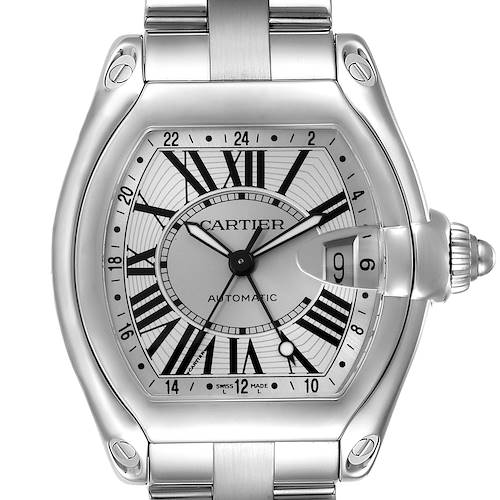 The image shows a frontal view of the Cartier Roadster W62032X6 Men's Stainless Steel Silver Dial W62032X6 Men's Stainless Steel Silver Dial watch, highlighting its dial, Roman numerals, and date window.