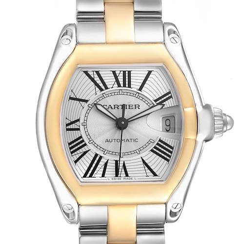 The Cartier Roadster W62031Y4 Men's Steel and Gold (two tone) Silver Dial W62031Y4 Men's Steel and Gold (two tone) Silver Dial watch is shown head-on, displaying the dial, date window, and part of the bracelet.