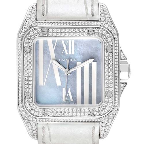 The Cartier Santos WM503251 Women's White Gold Mother of Pearl Dial WM503251 Women's White Gold Mother of Pearl Dial watch is shown from the front, highlighting its face, bezel, and part of the strap.