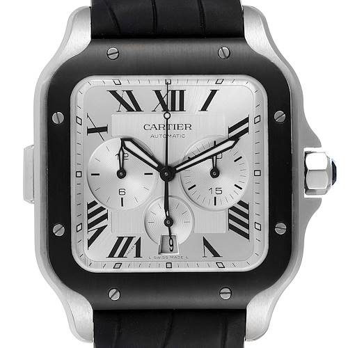 This is a front view of the Cartier Santos WSSA0017 Men's Stainless Steel Silver Dial WSSA0017 Men's Stainless Steel Silver Dial watch showing the dial, chronograph subdials, bezel, crown, and part of the strap.