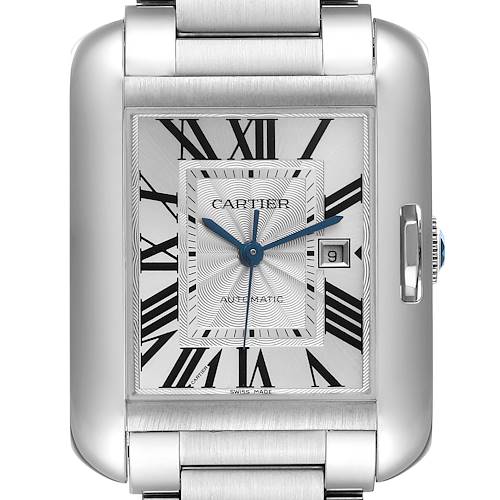 The Cartier Tank Anglaise W5310009 Men's Stainless Steel Silver Dial W5310009 Men's Stainless Steel Silver Dial watch is shown from a front angle, highlighting the dial, Roman numerals, hands, date window, and crown.