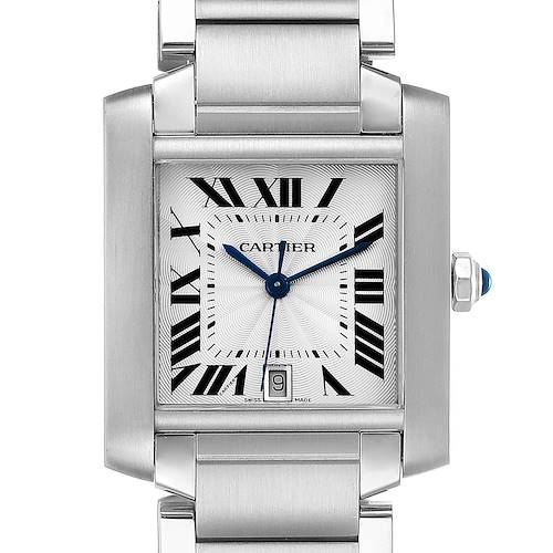 The image shows a close-up, frontal view of the Cartier Tank Francaise W51002Q3 Men's Stainless Steel Silver Dial W51002Q3 Men's Stainless Steel Silver Dial watch, highlighting its dial, hands, and part of the bracelet.