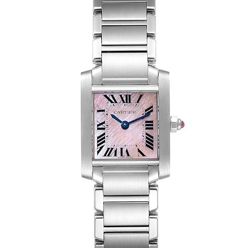 This image shows a Cartier Tank Francaise W51028Q3 Women's Stainless Steel Mother of Pearl Dial W51028Q3 Women's Stainless Steel Mother of Pearl Dial watch with a pink dial, Roman numerals, and a stainless steel bracelet, viewed from the front.