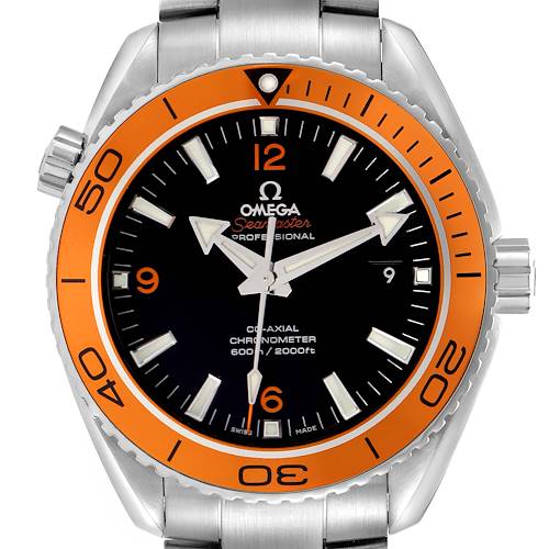 The Omega Planet Ocean 232.30.46.21.01.002 Men's Stainless Steel Black Dial 232.30.46.21.01.002 Men's Stainless Steel Black Dial watch is shown from the front, highlighting the orange bezel, black dial, and metallic bracelet.