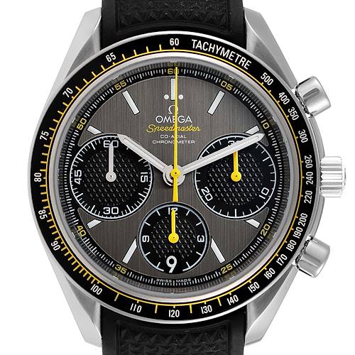 The image shows a frontal view of the Omega Speedmaster 326.32.40.50.06.001 Men's Stainless Steel Grey Dial 326.32.40.50.06.001 Men's Stainless Steel Grey Dial watch, highlighting the dial, sub-dials, crown, and tachymeter bezel.