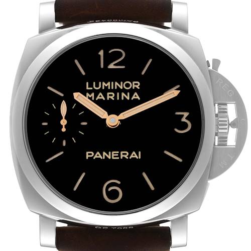 This image shows a front view of the Panerai Luminor PAM00422 Men's Stainless Steel Black Dial PAM00422 Men's Stainless Steel Black Dial Marina watch, featuring its black dial, gold hands, and robust case.