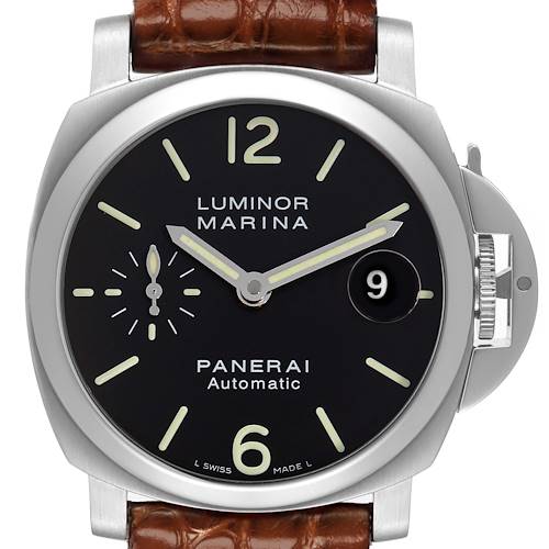 The Panerai Luminor PAM00048 Men's Stainless Steel Black Dial PAM00048 Men's Stainless Steel Black Dial watch is shown from a front angle, highlighting the dial, case, and crown guard.