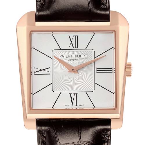 The image shows a front view of a Patek Philippe Gondolo 5489R Men's Rose Gold Silver Dial 5489R Men's Rose Gold Silver Dial watch, highlighting its Roman numeral dial, square case, and leather strap.