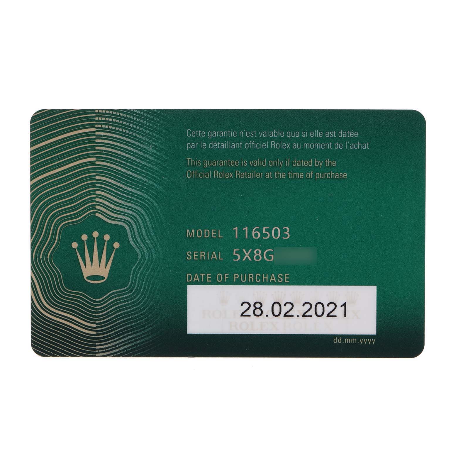 This image shows the guarantee card for a Rolex Daytona 116503 Men's Steel and Gold (two tone) Champagne Dial 116503 Men's Steel and Gold (two tone) Champagne Dial model 116503 with a purchase date of 28.02.2021.