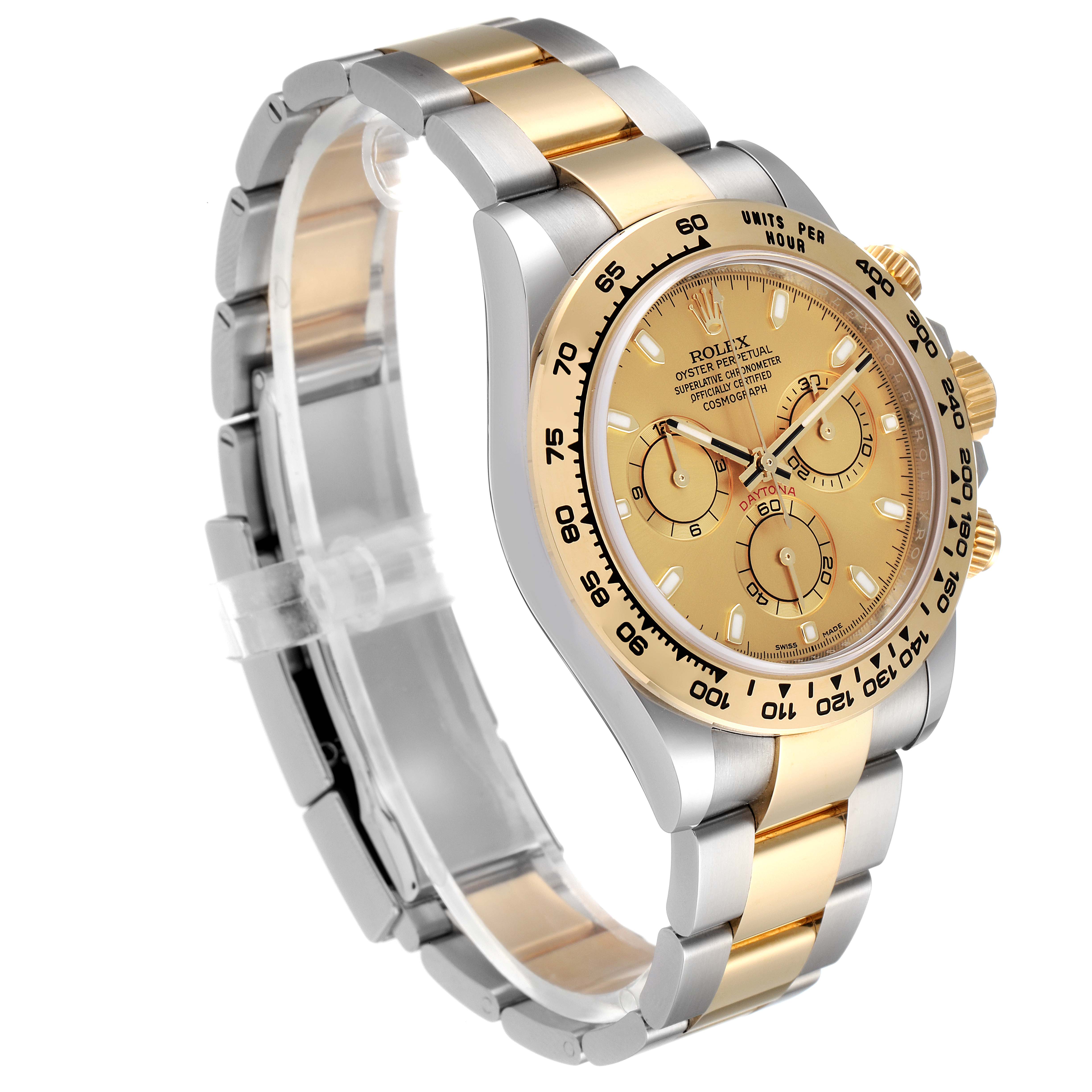 The Rolex Daytona 116503 Men's Steel and Gold (two tone) Champagne Dial 116503 Men's Steel and Gold (two tone) Champagne Dial watch is shown at a three-quarter angled view, highlighting its face, bezel, and two-tone bracelet.