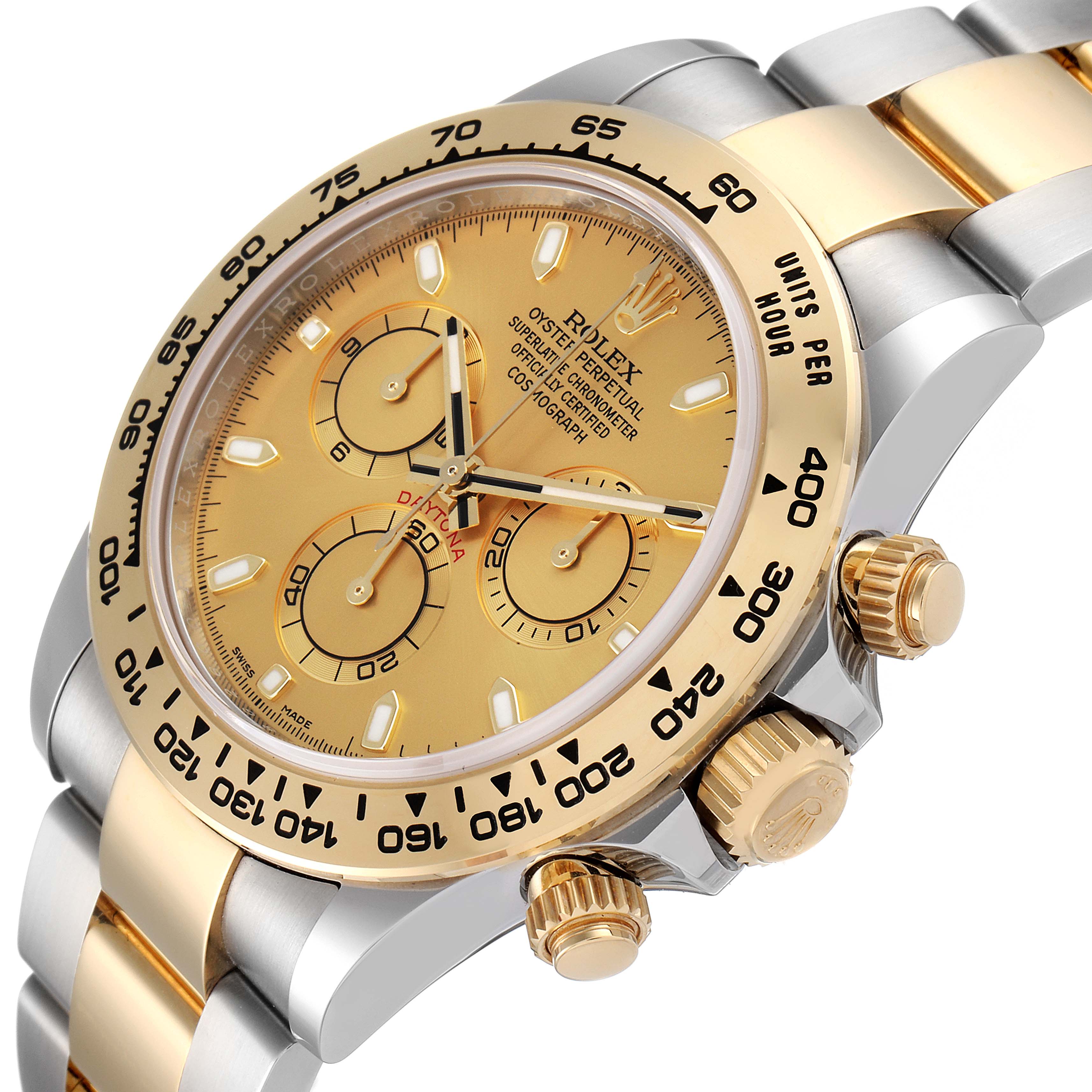 The image shows a close-up view of a Rolex Daytona 116503 Men's Steel and Gold (two tone) Champagne Dial 116503 Men's Steel and Gold (two tone) Champagne Dial watch, focusing on the dial, bezel, crown, and part of the bracelet.