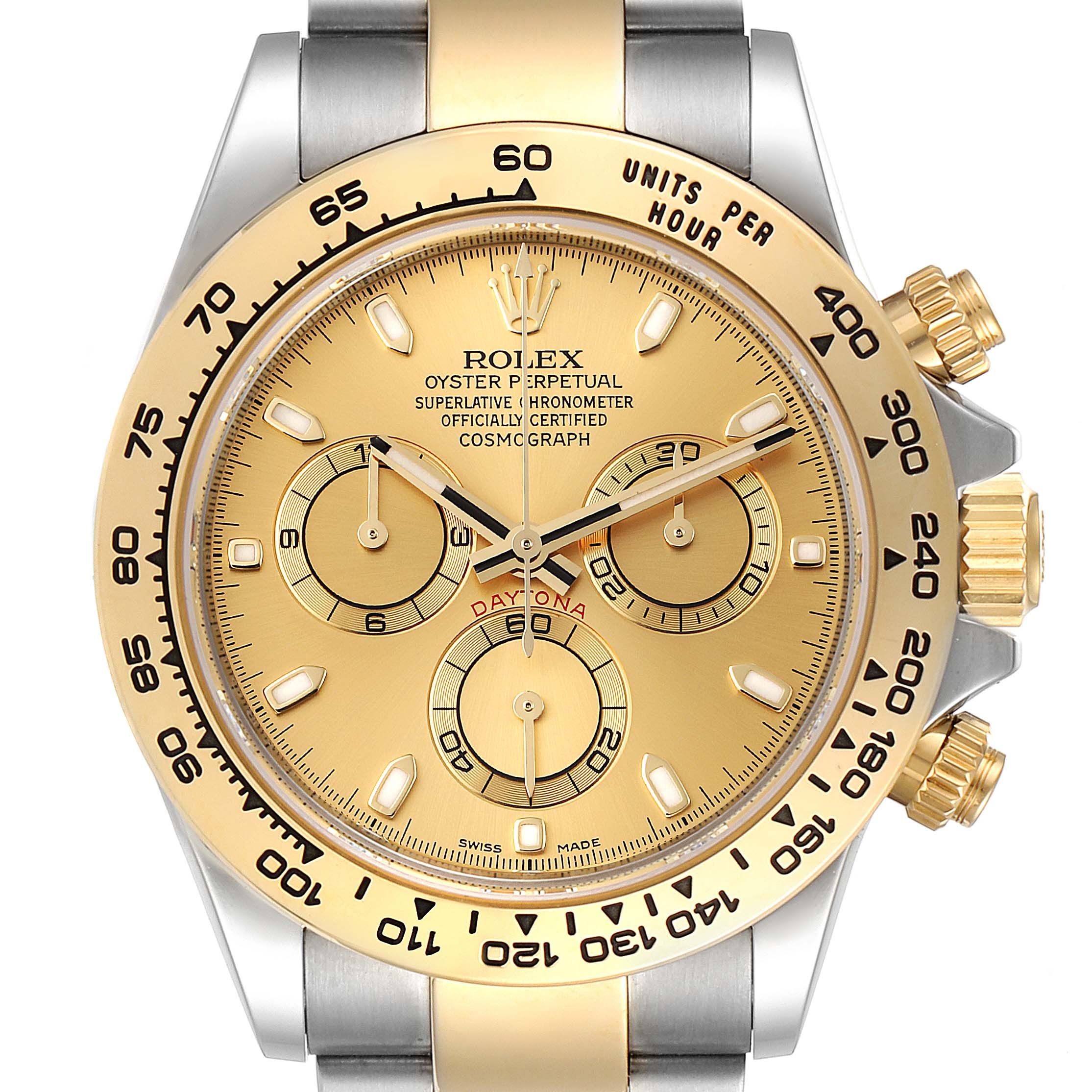 This image shows a close-up of the dial and bezel of a Rolex Daytona 116503 Men's Steel and Gold (two tone) Champagne Dial 116503 Men's Steel and Gold (two tone) Champagne Dial watch, highlighting the chronograph features and gold accents.