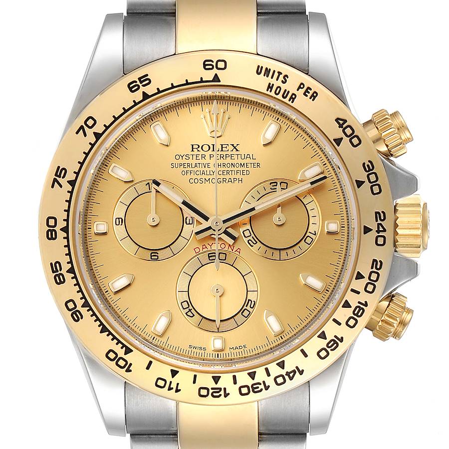 This image shows a close-up of the dial and bezel of a Rolex Daytona 116503 Men's Steel and Gold (two tone) Champagne Dial 116503 Men's Steel and Gold (two tone) Champagne Dial watch, highlighting the chronograph features and gold accents.