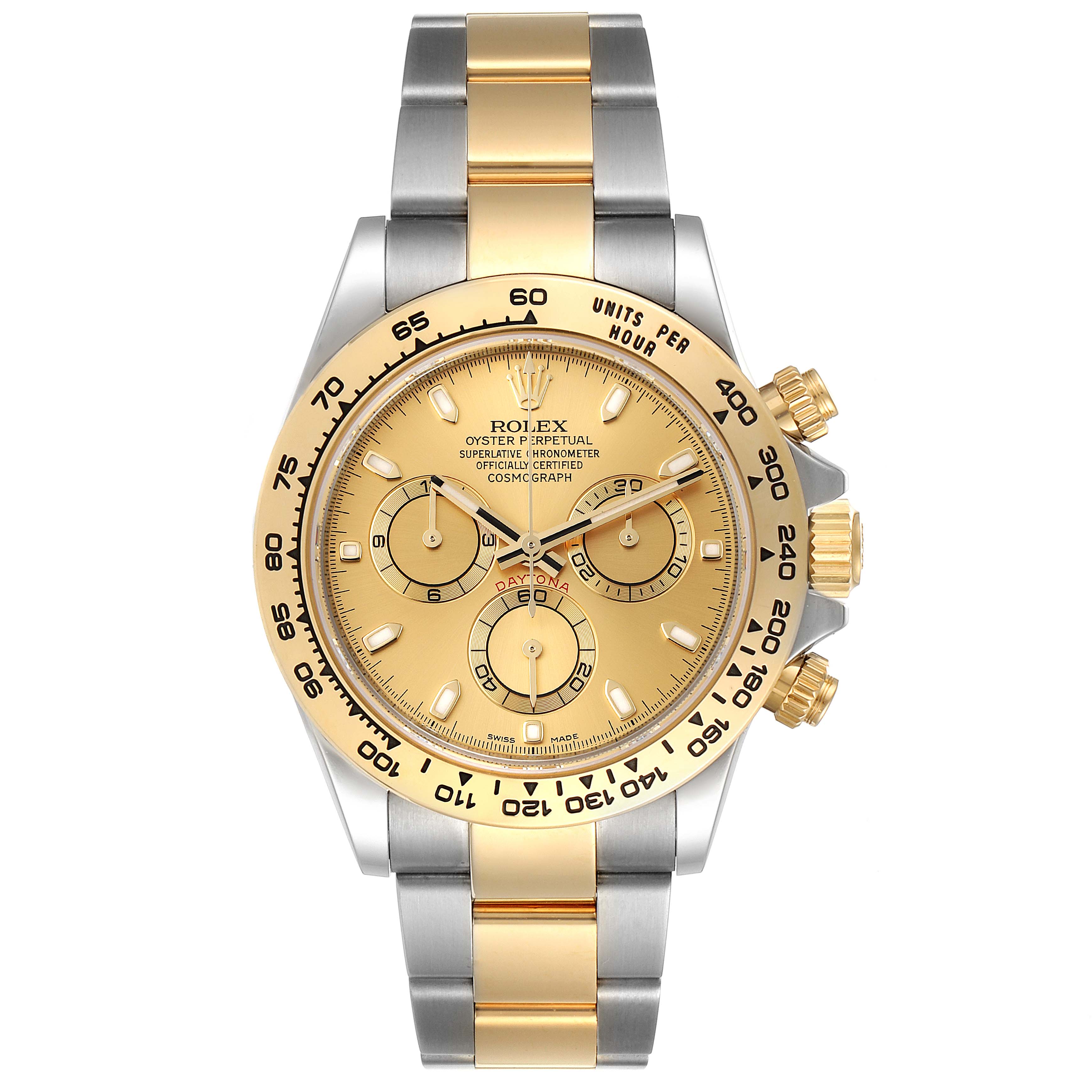 The image shows a Rolex Daytona 116503 Men's Steel and Gold (two tone) Champagne Dial 116503 Men's Steel and Gold (two tone) Champagne Dial watch from the front, displaying its dial, bezel, and two-tone metal bracelet.