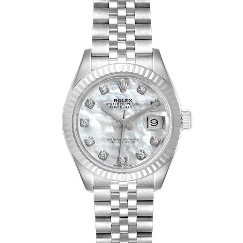 The image shows a Rolex Datejust 279174 Women's Stainless Steel Mother of Pearl Dial 279174 Women's Stainless Steel Mother of Pearl Dial watch viewed from the front, displaying its dial, bezel, crown, and bracelet.