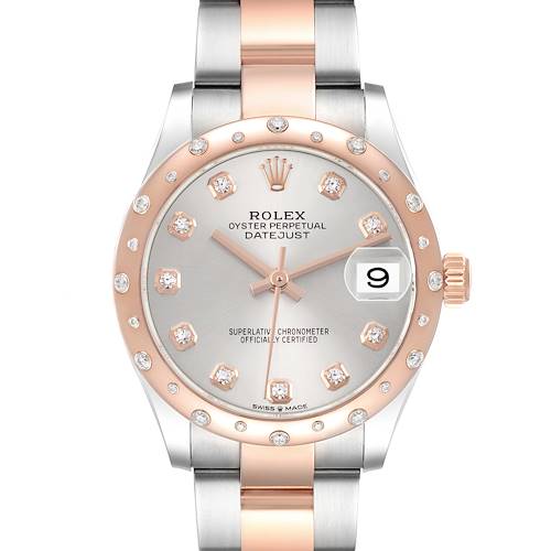 The Rolex Datejust watch is shown from a front angle, highlighting its dial, bezel, and bracelet.