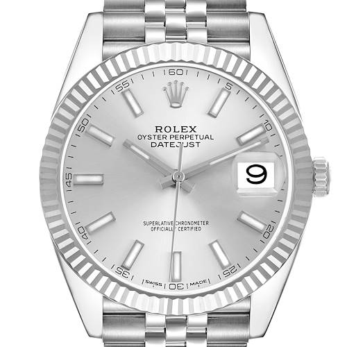 The Rolex Datejust 41 126334 Men's Stainless Steel Silver Dial 126334 Men's Stainless Steel Silver Dial is shown from a front angle, highlighting the dial, bezel, and part of the bracelet.