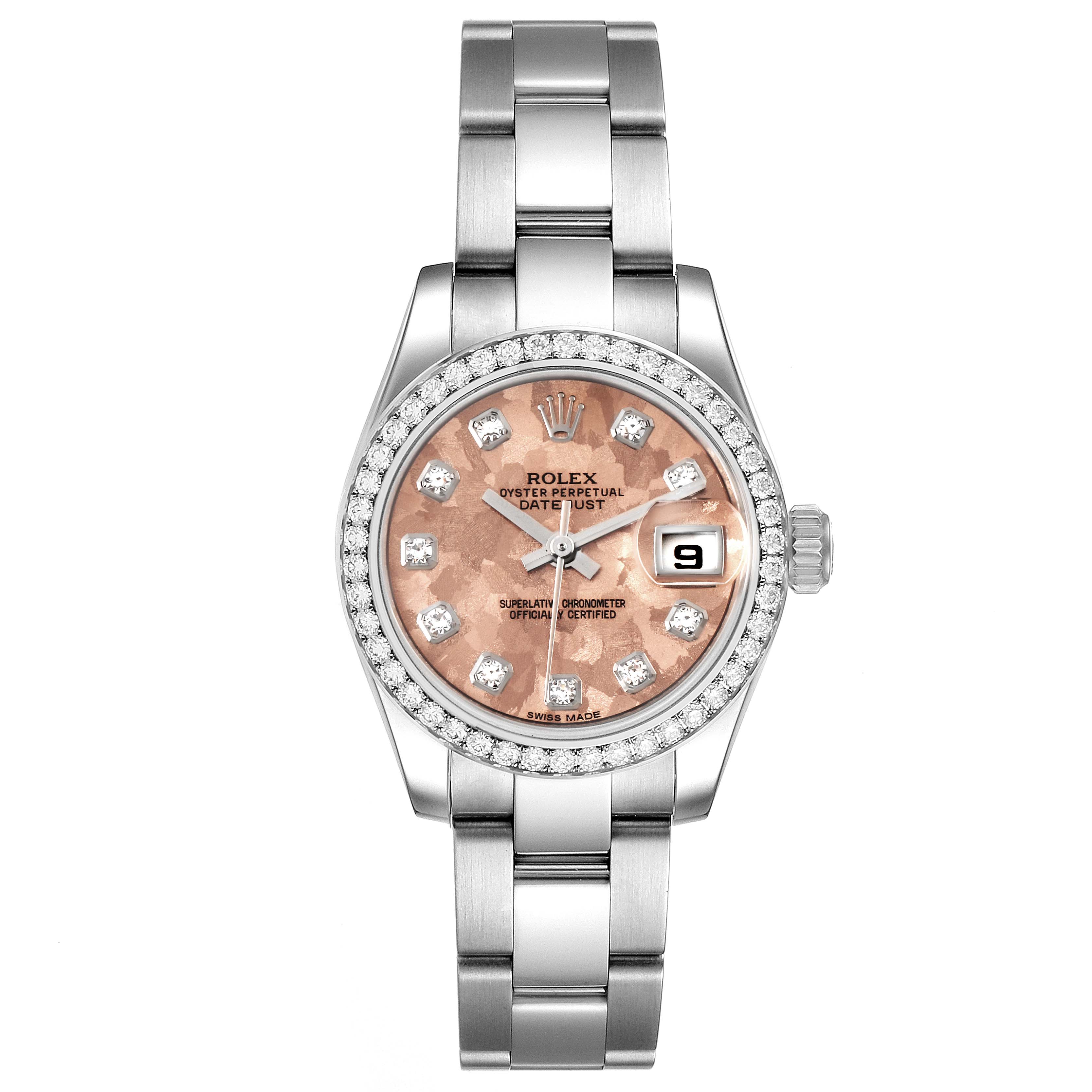 This Rolex Datejust 179384 Women's Stainless Steel Pink Dial 179384 Women's Stainless Steel Pink Dial watch is shown from the front, showcasing its dial, bracelet, bezel, and crown.