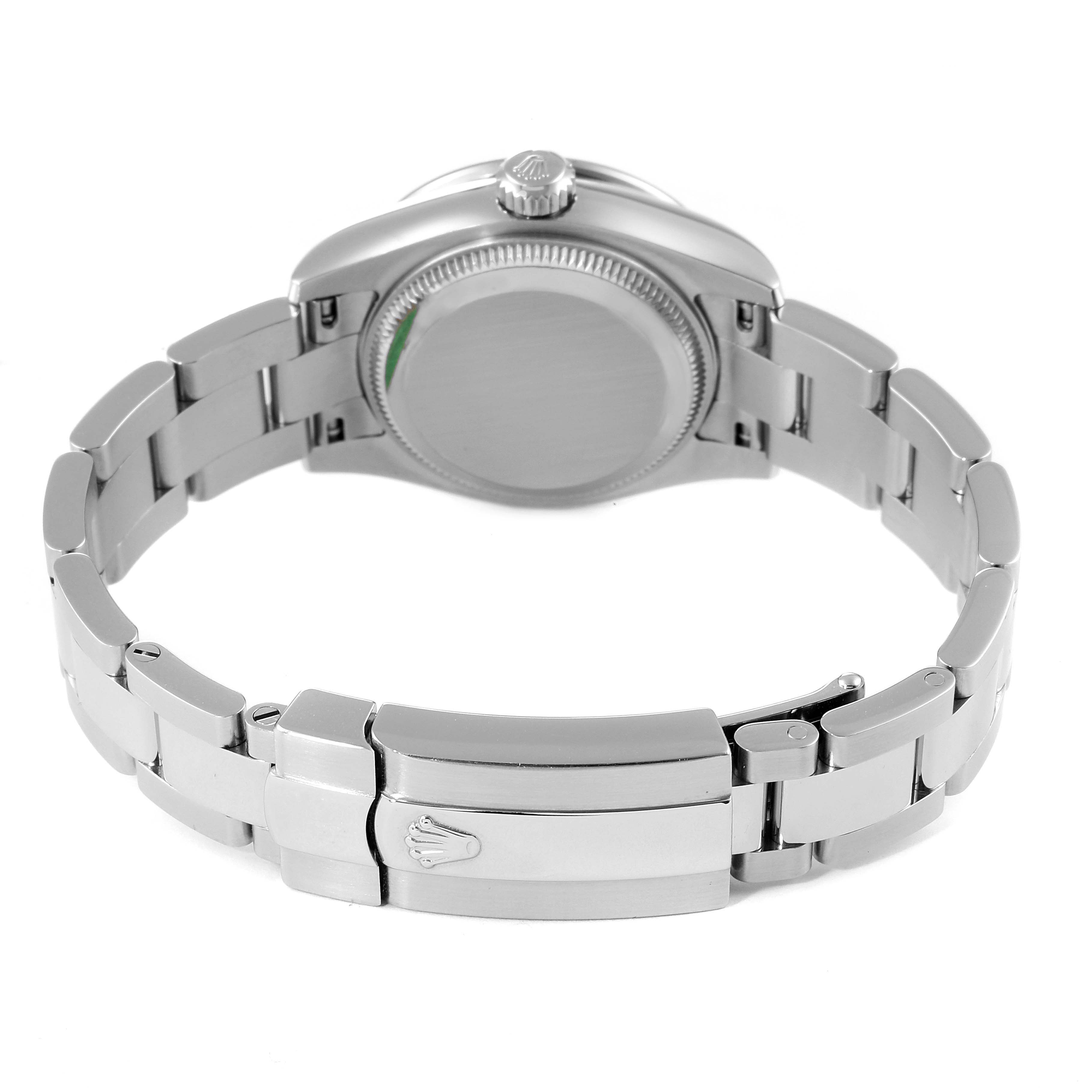 The image shows the back case and bracelet of a Rolex Datejust 179384 Women's Stainless Steel Pink Dial 179384 Women's Stainless Steel Pink Dial watch from a rear angle, highlighting the clasp and crown.