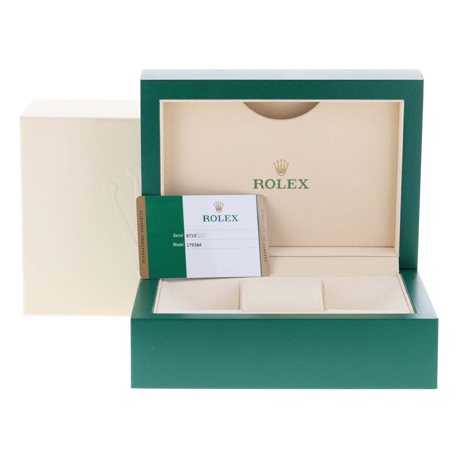 The image shows the Rolex Datejust 179384 Women's Stainless Steel Pink Dial 179384 Women's Stainless Steel Pink Dial watch box, warranty card, and outer packaging from a front angle.