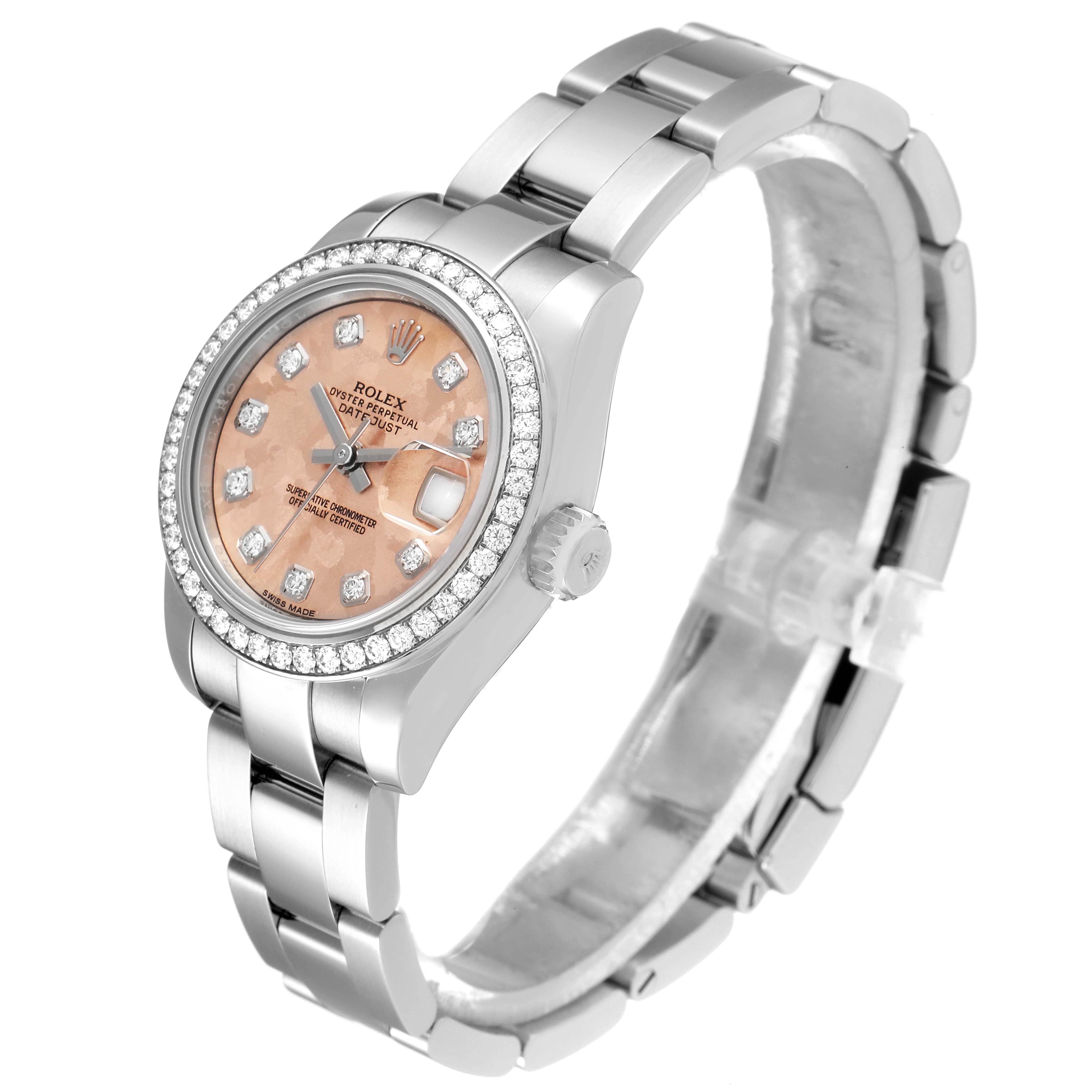 This image shows a side and partial front view of the Rolex Datejust 179384 Women's Stainless Steel Pink Dial 179384 Women's Stainless Steel Pink Dial, displaying its band, case, dial, and crown.