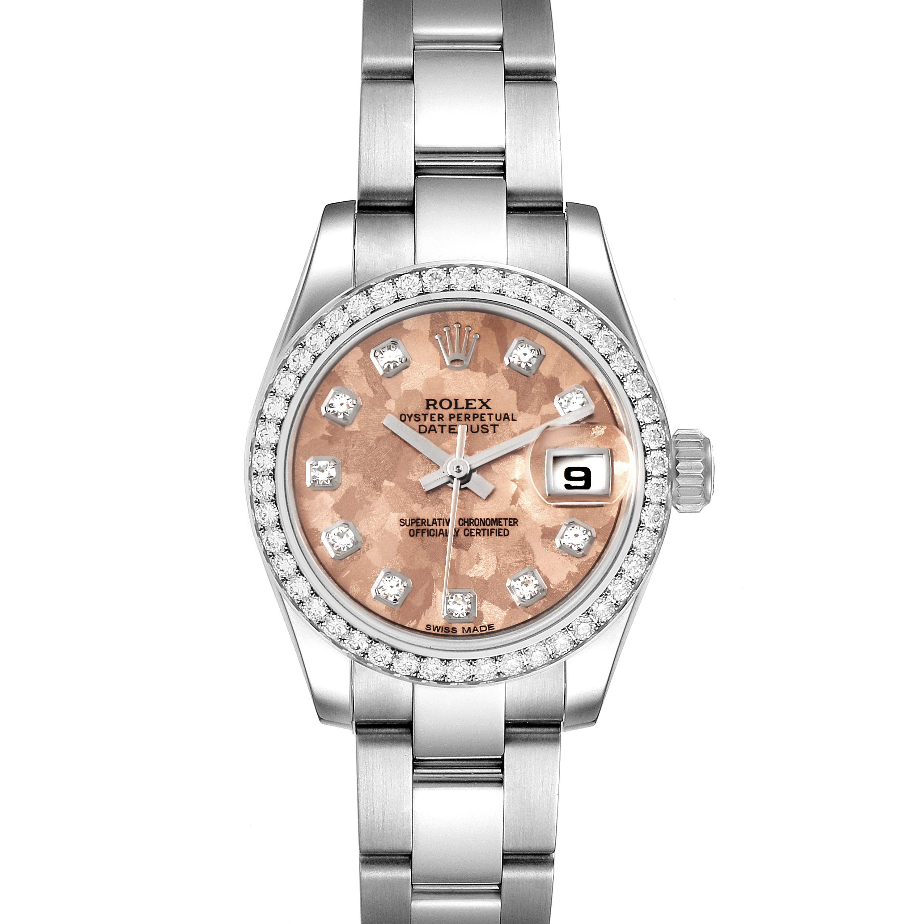 The image shows a front view of a Rolex Datejust 179384 Women's Stainless Steel Pink Dial 179384 Women's Stainless Steel Pink Dial watch with a pink dial, diamond hour markers, and metal bracelet.