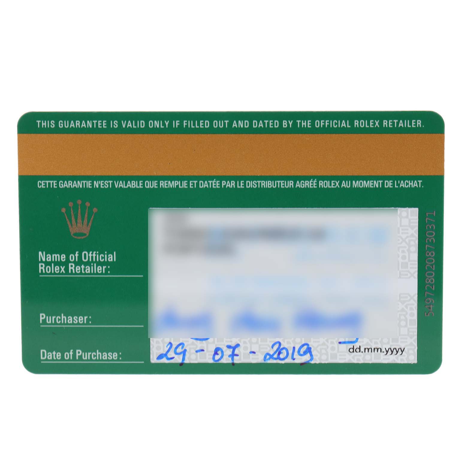 This image shows the guarantee card for a Rolex Datejust 179384 Women's Stainless Steel Pink Dial 179384 Women's Stainless Steel Pink Dial model watch.