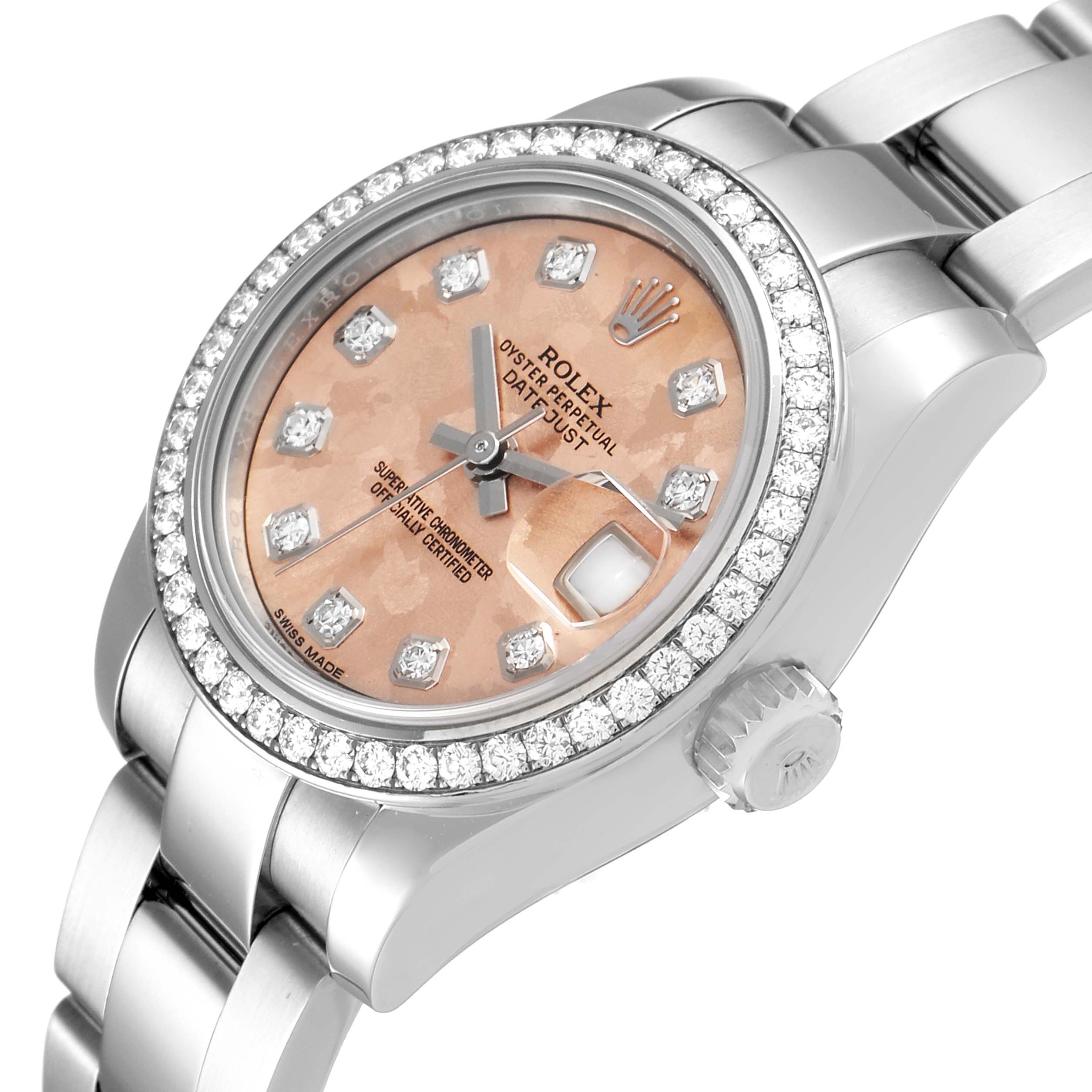 The image shows a close-up of the Rolex Datejust 179384 Women's Stainless Steel Pink Dial 179384 Women's Stainless Steel Pink Dial watch at a slight angle, highlighting its dial, bezel, crown, and bracelet.