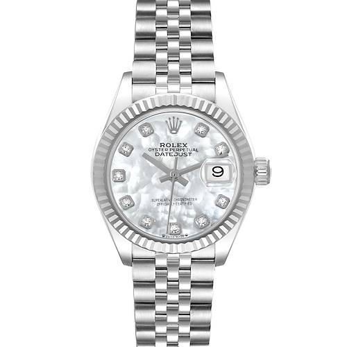 The Rolex Datejust 279174 Women's Stainless Steel Mother of Pearl Dial 279174 Women's Stainless Steel Mother of Pearl Dial watch is shown from the front, displaying its face, bezel, crown, and Jubilee bracelet.