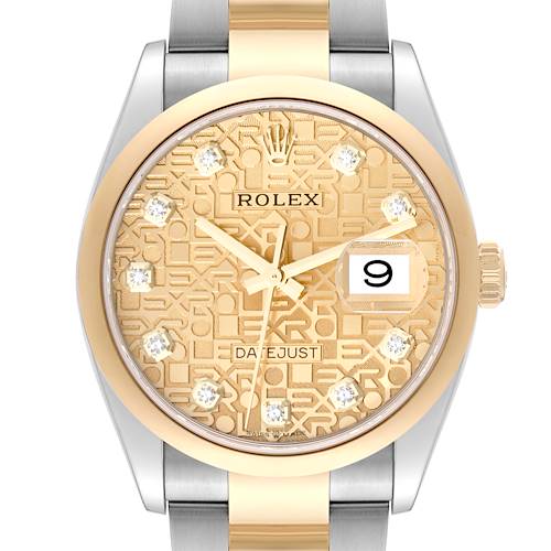 The image shows a close-up front view of a Rolex Datejust 126203 Men's Steel and Gold (two tone) Champagne Dial 126203 Men's Steel and Gold (two tone) Champagne Dial watch, highlighting the patterned dial, date window, and bracelet.