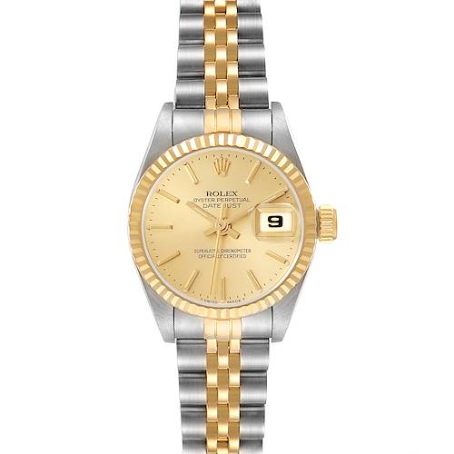 The Rolex Datejust 69173 Women's Steel and Gold (two tone) Champagne Dial 69173 Women's Steel and Gold (two tone) Champagne Dial watch is shown from a front angle, highlighting the dial, fluted bezel, and jubilee bracelet.