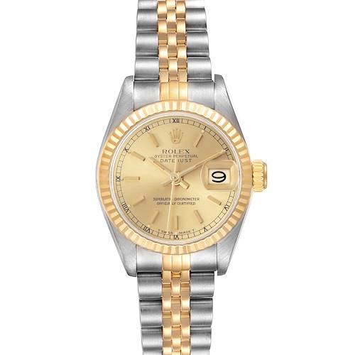 The Rolex Datejust 69173 Women's Steel and Gold (two tone) Champagne Dial 69173 Women's Steel and Gold (two tone) Champagne Dial watch is shown from a top-down view, highlighting the dial, fluted bezel, and two-tone bracelet.