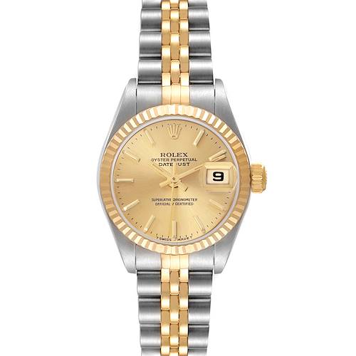 The Rolex Datejust 79173 Women's Steel and Gold (two tone) Champagne Dial 79173 Women's Steel and Gold (two tone) Champagne Dial watch is shown from a front angle, displaying the face, bezel, and two-tone bracelet.