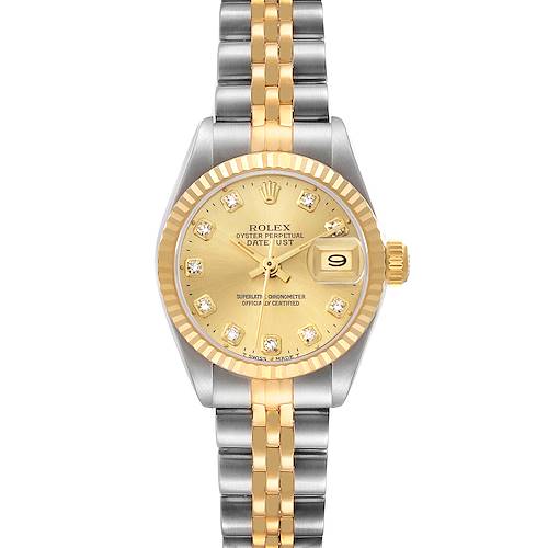 The Rolex Datejust 69173 Women's Steel and Gold (two tone) Champagne Dial 69173 Women's Steel and Gold (two tone) Champagne Dial watch is shown from the front, highlighting its dial, bezel, and bracelet.