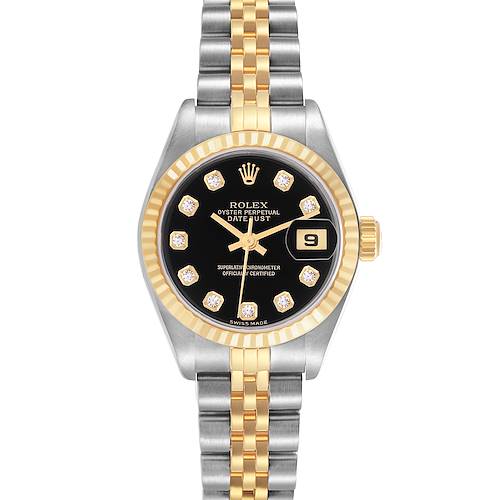 The Rolex Datejust 79173 Women's Steel and Gold (two tone) Black Dial 79173 Women's Steel and Gold (two tone) Black Dial watch is shown from a top-down angle, displaying its face, bezel, and bracelet clearly.