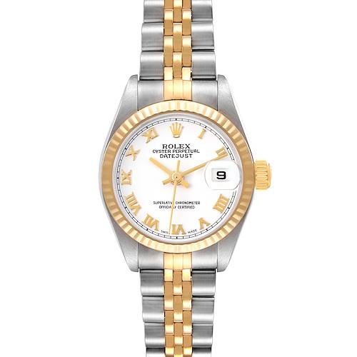 The Rolex Datejust 79173 Women's Steel and Gold (two tone) White Dial 79173 Women's Steel and Gold (two tone) White Dial watch is shown from a top view, displaying the face, bezel, and two-tone bracelet.