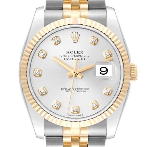 This image shows a head-on view of a Rolex Datejust 116233 Men's Steel and Gold (two tone) Silver Dial 116233 Men's Steel and Gold (two tone) Silver Dial watch, highlighting the dial, bezel, crown, and part of the bracelet.
