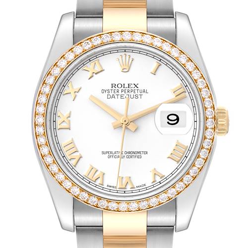 The image shows a close-up of the Rolex Datejust 116243 Men's Steel and Gold (two tone) White Dial 116243 Men's Steel and Gold (two tone) White Dial watch face, bezel, crown, and part of the bracelet.