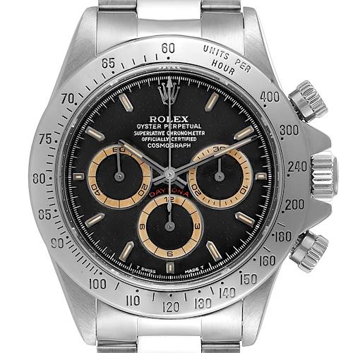 The image shows a close-up, frontal view of the Rolex Daytona 16520 Men's Stainless Steel Black Dial 16520 Men's Stainless Steel Black Dial watch, displaying its dial, bezel, and side buttons.
