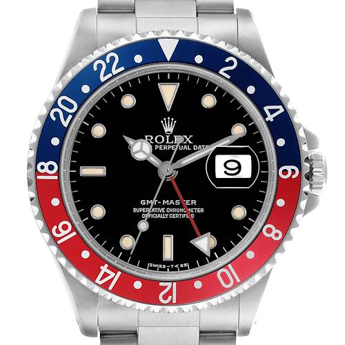 The Rolex GMT-Master 16700 Men's Stainless Steel Black Dial 16700 Men's Stainless Steel Black Dial watch is shown from a front angle, displaying the bezel, dial, hands, crown, and part of the bracelet.