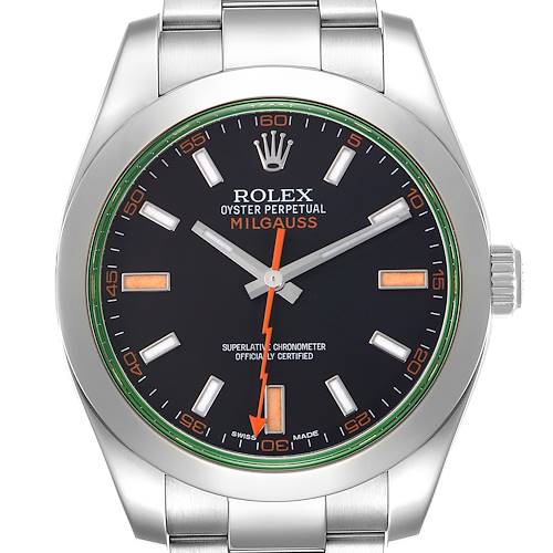 The Rolex Milgauss 116400GV Men's Stainless Steel Black Dial 116400GV Men's Stainless Steel Black Dial watch is shown from a front angle, highlighting the dial, hands, markers, and part of the bracelet.