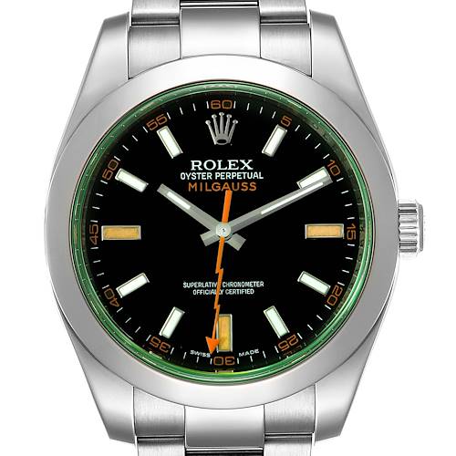 The image shows a front view of the Rolex Milgauss 116400V Men's Stainless Steel Black Dial 116400V Men's Stainless Steel Black Dial watch, highlighting its dial, hands, and part of the bracelet.